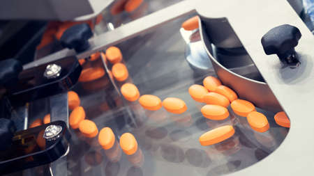Pharmaceutical production line, production of tablets or vitamins manufacturing, tablet conveyorの写真素材