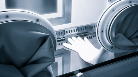Protective robber gloves in special experimental box for handling dangerous substances and...