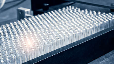 Glass bottles in production in the tray of an automatic liquid dispenser, a line for filling medicines against bacteria and viruses, antibiotics and vaccines.の写真素材