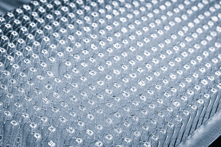 Glass bottles in production in the tray of an automatic liquid dispenser, a line for filling medicines against bacteria and viruses, antibiotics and vaccines.の写真素材