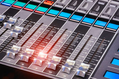 Audio sound DJ mixer control panel remote for music keyboard. close up view macro closeup.の写真素材