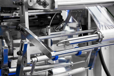 The operation of automatic plastic bag production machine. Close-up of the roller of the...