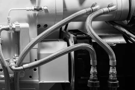 Production machine for manufacture products from pvc plastic extrusion technology, industrial concept backgroundの写真素材