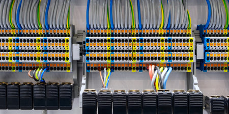 Color wires in a box of distribution of an electricity, PLC Control panel with wiring, lectric...