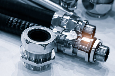 Rubber hoses and tubes with metal fasteners, industrial concept background