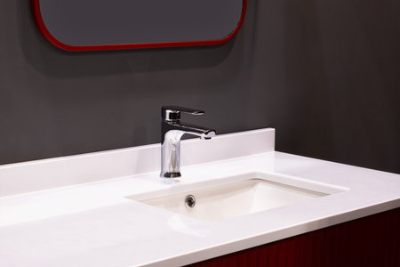 Bathroom interior with sink and faucet.