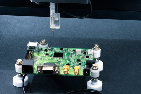 Chip testing equipment. Manufacturing of microchips. A close-up study of a test sample of a...