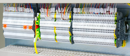 Color wires in a box of distribution of an electricity, PLC Control panel with wiring, lectric...