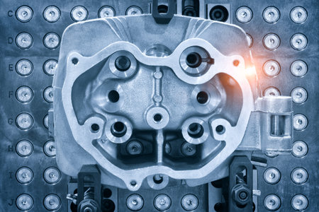 Open block cylinder petrol engine. Close-up, industrial metalworking concept