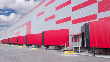 Entrance ramps of a large distribution warehouse with gates for loading goods, warehouse and...
