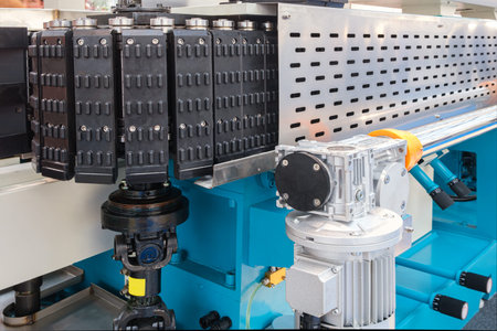 Glass conveyor line, Conveyor belt for production a window pane. industrial equipment.