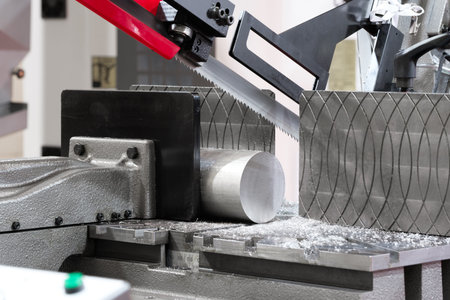 Automatic bandsaw sawing metal workpiece, industrial concept