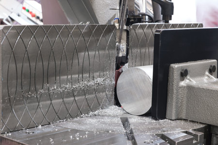 Automatic saw bandsaw sawing metal workpiece, industrial concept background