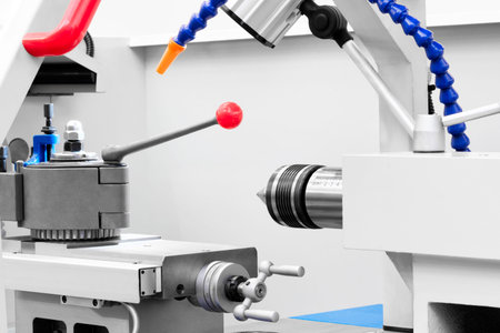 Manufacturing CNC professional lathe machine. industrial concept. Close-up, industrial metalworking...