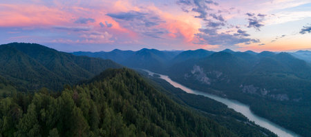 Landscape panorama in Altai mountains, Katun river with sunset, areal view from above
