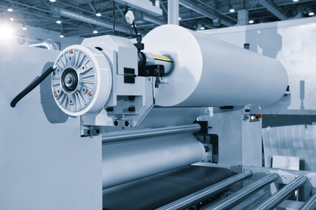 The operation of automatic plastic packaging production machine. roller of the polyethylene...