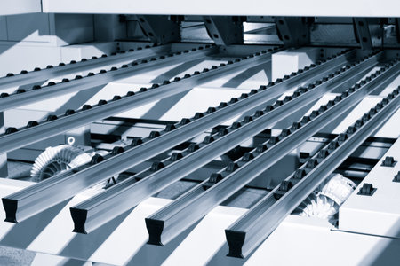 roller conveyor for furniture manufacture for forming furniture parts& Furniture manufacturing. Close-up, industrial conceptの写真素材
