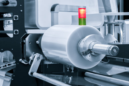 Automatic polyethylene plastic bag production machine with lighting effect. Close-up of the roller of the plastic bag production machine in the light blue scene. product packaging conceptの写真素材