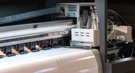 Wide-format inkjet printer, prints color stripes for proofing. industrial printing modern digital...
