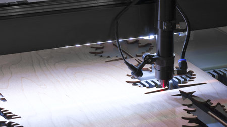 Laser machine is cutting an image on a flat wooden sheet plywood from steel in a university