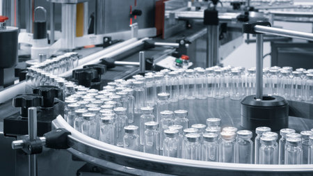 pharmaceutical industry. Production line machine conveyor with glass bottles ampoules at factory....
