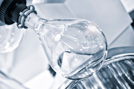 Chemical and pharmaceutical concept background. Chemistry laboratory equipment with test samples in glass flask. laboratory glassware.の写真素材