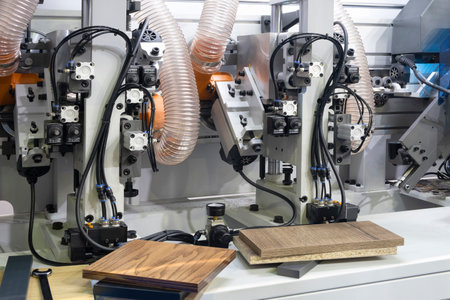Workshop for the production of particle boards, manufacture of chipboard, veneer, plywood, wood panels. wood processing. woodworking industry conceptの写真素材