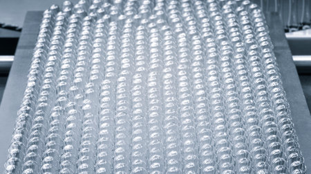 pharmaceutical industry. Production line machine conveyor with glass bottles ampoules at factory. Pharmaceutical industry concept background.の写真素材