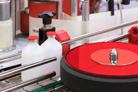 pharmaceutical industry, medicine pills are filling in the bottle on production line machine...