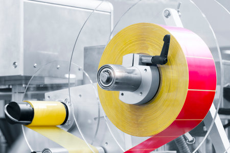 Fragment of the conveyor of sticking labeling machine. Abstract industrial background.の写真素材