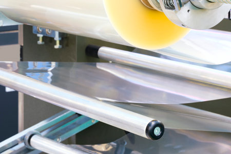 Conveyor Filling and Packaging Machine for Food. product packaging concept, buckwheat groatsの写真素材