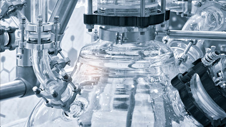 Chemical and pharmaceutical concept background. Chemistry laboratory equipment with test samples in glass flask. laboratory glassware.の写真素材