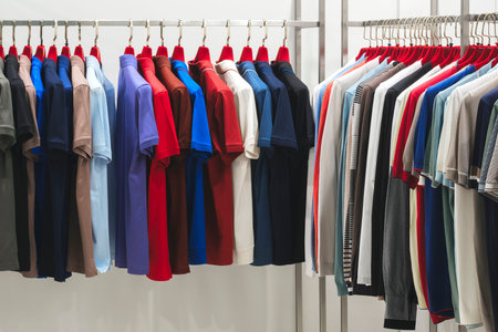 Fashion clothes on clothing rack - bright colorful closet. Closeup of rainbow color choice of trendy...