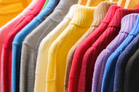 Fashion clothes on clothing rack - bright colorful closet. Closeup of rainbow color choice of trendy female wear on hangers in store closet or spring cleaning concept. summer home wardrobe. sweatshirtsの写真素材