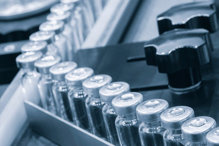 pharmaceutical industry. Production line machine conveyor with glass bottles ampoules at factory. Pharmaceutical industry concept background.の写真素材