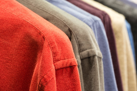 Cloth Hangers with Shirts, Closeup photo of Men, Shirts on Hangersの写真素材