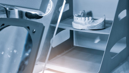 Close-up on plaster model of artificial jaw with teeth. Orthodontic equipment. Device for working with dentures.の写真素材
