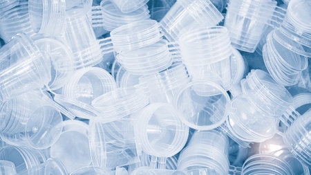 A lot of new transparent plastic glasses as a background in a blue toneの写真素材