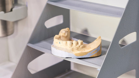Close-up on plaster model of artificial jaw with teeth. Orthodontic equipment. Device for working...