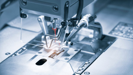 Professional sewing machine and sews garments, textile fabric production industrial concept...