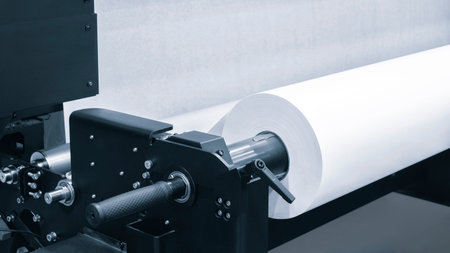 Rolls paper and fabric in wide industrial plotter