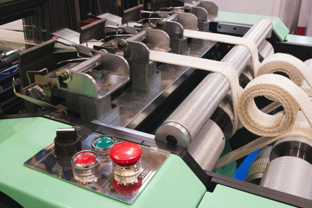 synthetic textile thread at industrial weaving manufacturing machine