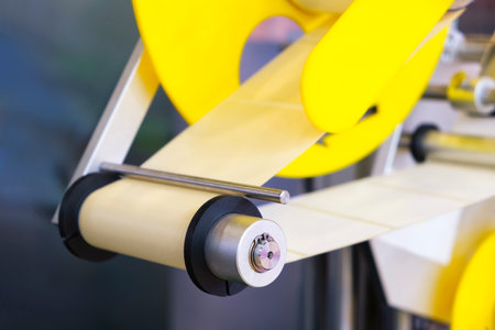 Fragment of the conveyor of sticking labeling machine. Abstract industrial background.の写真素材