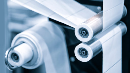 Fragment of the conveyor of sticking labeling machine. Abstract industrial background.の写真素材