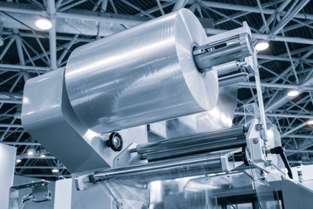 Automatic polyethylene plastic bag production machine with lighting effect. Close-up of the roller of the plastic bag production machine in the light blue scene. product packaging conceptの写真素材