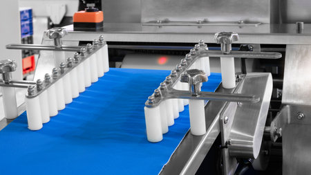 Conveyor Belt Food.Factory for the production of food. Production line with packaging. Food products...