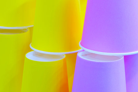 Close-up of colorful paper disposable cupsの写真素材