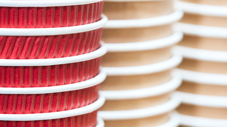 Close-up of colorful paper disposable cupsの写真素材