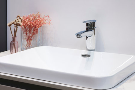 White washbasin with faucet on wooden countertop in minimalist modern bathroom, scandinavian interior with stylish gray wall and round mirror. Copy space and nobody.の写真素材