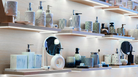 Many different dispensers of liquid soap on white wooden shelfsの写真素材